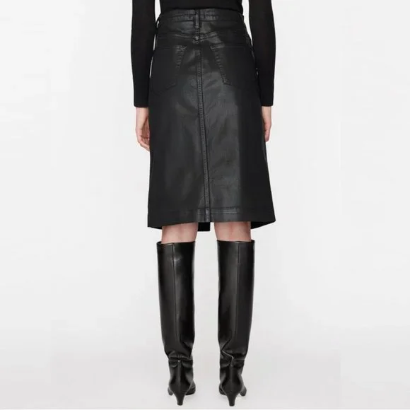 FRAME Split-Hem Coated Midi Skirt (Noir Coated Black)